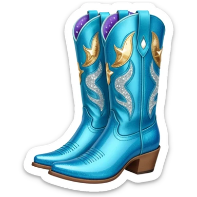 Realistic  blue fashion cowgirl boots with sparkly shiny glitter  sticker