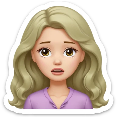 A white Barbie girl with long dark brown wavy hair in pale olive clothes crying sticker