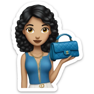 Spanish girl, straight black hair, blue eyes, Chanel handbag in hand sticker
