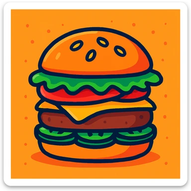 veggie burger, vibrant cartoon style sticker