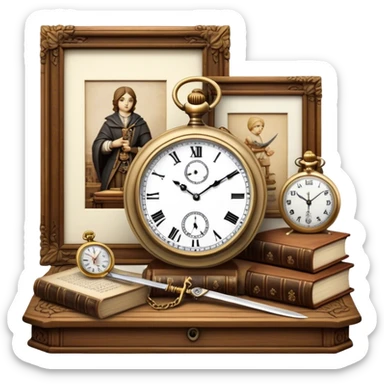 Icon for Antiques Collecting: antique carved  table, a vintage pocket watch and a porcelain figurine, all placed on a wooden antique carved table surrounded by aged books and antique swords. The icon should evoke the elegance and history of antique collecting. Transparent background. sticker
