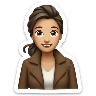 woman, brown and long hair, hair up to left side, smiling, big eyes, brown jacket, brown eyes sticker