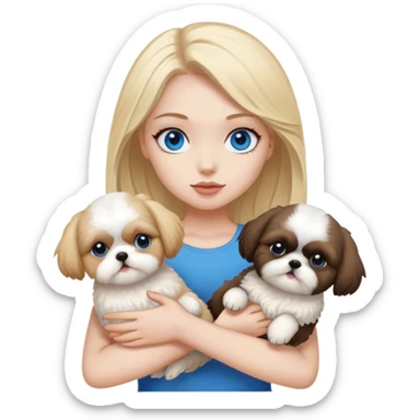 Blonde girl with pale skin and blue eyes  holding 2 Shih tzus one tan and one all black  sticker