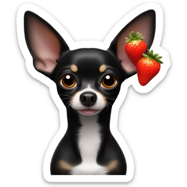 Long black chihuahua with a white mouh and dash under ears and a strawberry in its mouth sticker