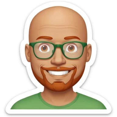 muscular bald man with red goatee and glasses, smiling, wearing a green shirt sticker