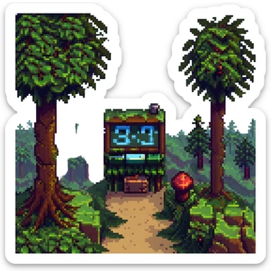 Pixel art Twitch starting soon screen with Minecraft landscape, blocky trees, and a pixelated countdown clock sticker