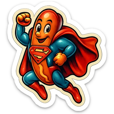 hot dog dressed as Superman, superhero pose, cape, nostalgic stickers, bold gradients, and soft borders evoke an 80s-90s glossy aesthetic sticker