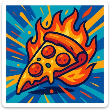 pizza slice on fire, cartoon style, vibrant and dynamic, bold colorful, energetic illustration sticker