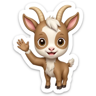Chibi baby goat with a joyful expression, waving hello with one hoof, simple clean chibi stickers style, designed for a small emote, white background. Make sure that the hoof is not a hand. sticker