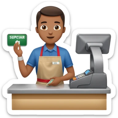 Supermarket employee at a cash register, full body, serving a man surprised sticker
