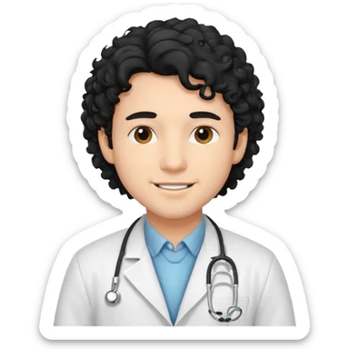 a young male doctor with black long curly hair and cheerful face sticker