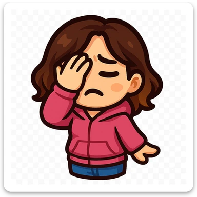 Create a chibi emote of a woman from the reference wearing a pink hoodie and jeans, facepalming, no headband, no wand, matching the attached green heart emote as a base, transparent background sticker