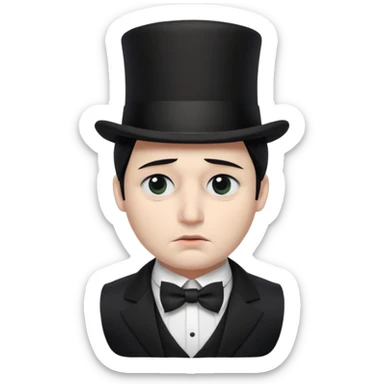 A man with snow white skin, a black half mask with an eye hole, a black top hat, a black vest with a black tie tucked underneath, and a white collared shirt. A frown, and closed eyes. sticker