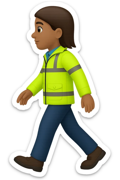 Create a full-body person walking, wearing a high-visibility jacket, no hard hat, in the style of apple emojis, with no background (transparent). sticker