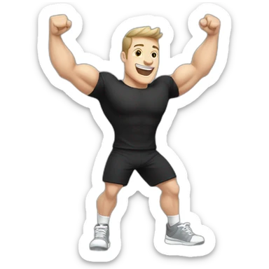 Joyful Celebrating victory Pale skinned Fit Man With the biceps and dark brown hair in black shirt, gray sports shorts and white Sneakers sticker