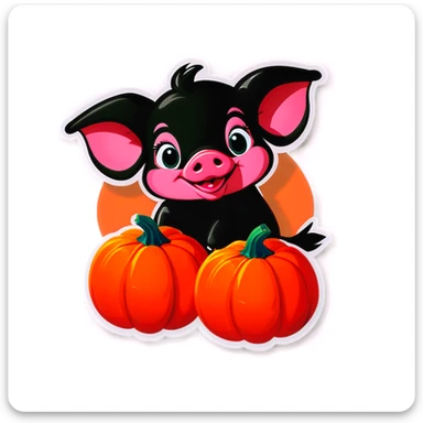 A black piglet holding 4 pumpkins with 4 “luck” written on it. sticker