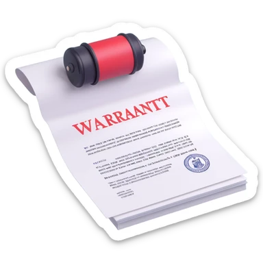 3D icon style legal document labeled 'WARRANT' at the top, white paper, body text, signature and stamp at the bottom, bright lighting sticker