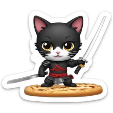 Ninja cat cuts pastry with  katana sticker