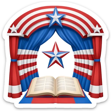 Theater scenography book with pages forming the Puerto Rican flag design, red and blue stripes with white star, showing stage elements and set designs sticker