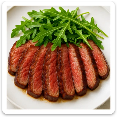 juicy beef steak slices arranged on a plate, topped with arugula, vibrant colors sticker