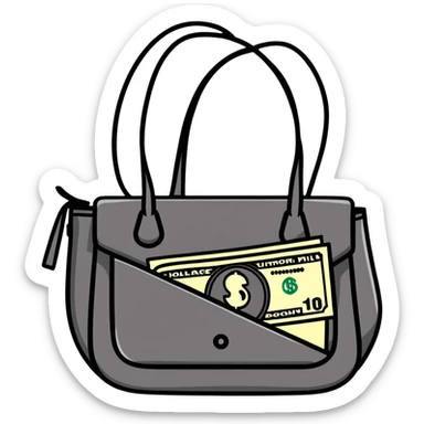 black leather handbag with dollar bill visible inside sticker