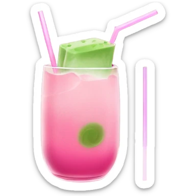 Matcha and pink drink in rounded glass with ice and glass straw that folds towards you sticker