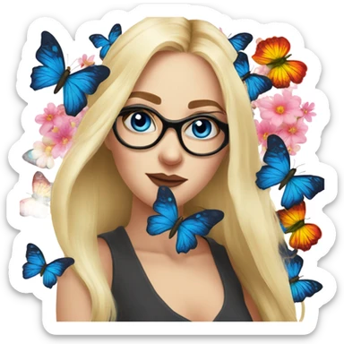 Gorgeous flowing blonde lady blue eyes with flowers and butterflies wearing glasses  sticker