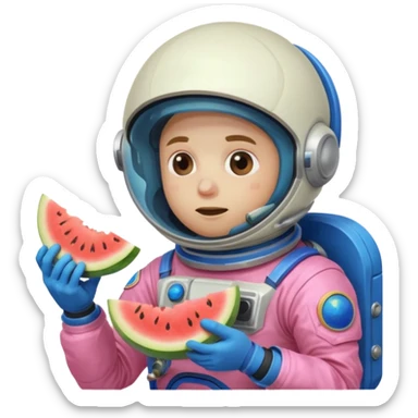 Neon pink and blue spaceman eating melon looking suspicious sticker