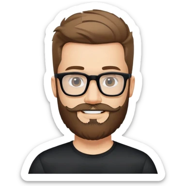 Fair-skinned man with full beard, short hair styled upward, large black-framed glasses, smiling, wearing black athletic fabric shirt sticker