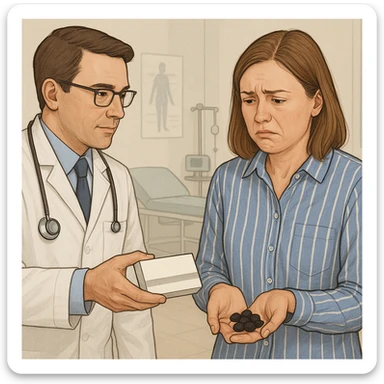 A realistic or illustrative style image of a doctor in a white coat handing a box of medicine to a woman with a discomforted expression. The woman holds pills in her hand. The background is a clinic room, inspired by the reference image. sticker