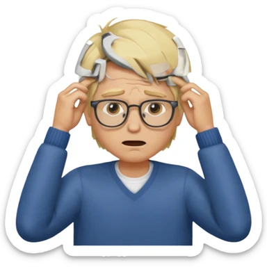 Man pulling hair out with glasses and blonde sticker