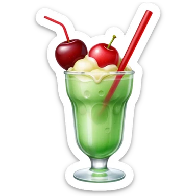 Create an emoji with a clear rounded glass, bright transparent green soda with fine bubbles, a smooth vanilla scoop, a glossy red cherry, and a red straw, using vibrant colors, soft shading, and clear glass highlights.
 sticker