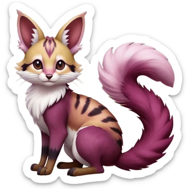 Hyper realistic  wine-dark burgundy fur melting into shadow-plum ombré smoke beautiful elegant pretty precious cute  Fakémon-Pokémon-opossum-feline-serval-caracal-chinchilla-Furret-Minccino-hybrid-creature with a big fluffy bushy tail (full body) sticker