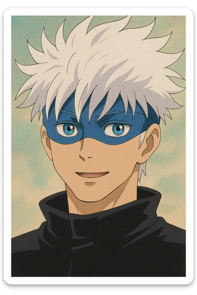 Gojo Satoru, close-up portrait, expressive eyes, white spiky hair, blue blindfold, soft background, Ghibli style sticker