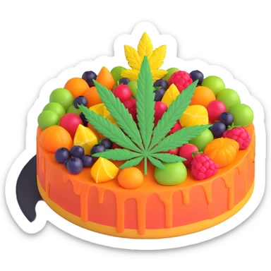 colorful frosted fruit cake with cannabis leaf on a plate sticker