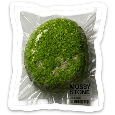 stone mostly covered in green moss with small flowers, glossy and puffy sticker