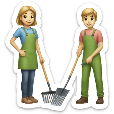 Boy and girl pulling a garden rake sticker