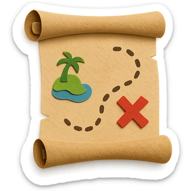 rolled treasure map with an X mark, dotted path, and island details, layered paper effect sticker