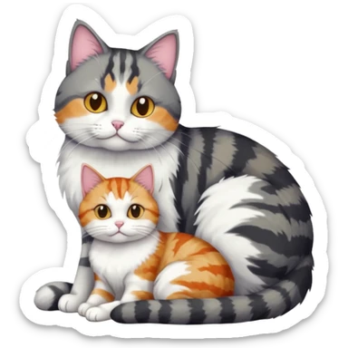 full body colourful light patched calico + white tabby cat cuddling a bigger cat that is dark grey and white tabby cat  sticker