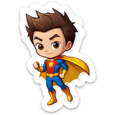 Superhero boy with brown hair, yellow spikes on his back, and can shoot webs with his hands sticker