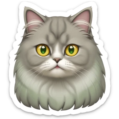cute Persian cat with long gray fur, white patch on forehead, white chest, big yellow-green eyes, standing position, emoji style sticker