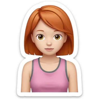 Create emojis of a girl with ginger hair and a hime haircut, gray eyes. She's wearing a pink tank top and a brown sweatshirt. sticker
