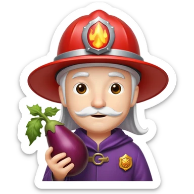 Wizard with a firefighter hat and holding a eggplant sticker
