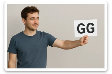 The person in the image is holding the GG sign to the side as if handing it to someone, the person remains the same. sticker