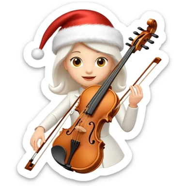 A sleek, elegant, pure white animated violin emoji wearing a festive New Year hat on top, sparkling details, soft glow, premium cartoon style, high resolution, 3D-like shading, cheerful and cute, perfect for Telegram sticker or emoji, minimalistic background sticker