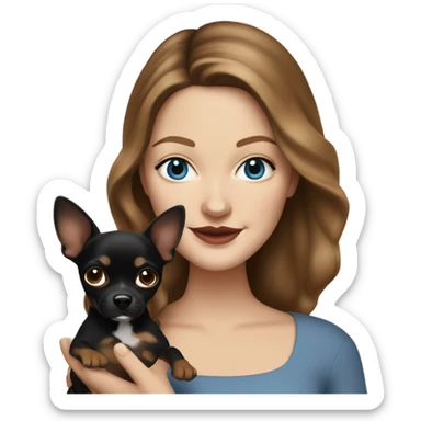 Drew Barrymore Lookalike, brunette with blue eyes holding a black and brown chihuahua sticker
