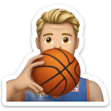 White man in a basketball jersey holding a basketball sticker