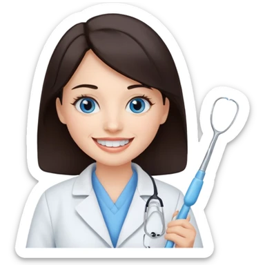 сгенерируй девушку стоматолога с профильными для нее предметами с темными волосами и голубыми глазами еще sticker
