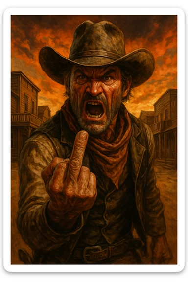 angry cowboy giving the middle finger, expressive and detailed sticker
