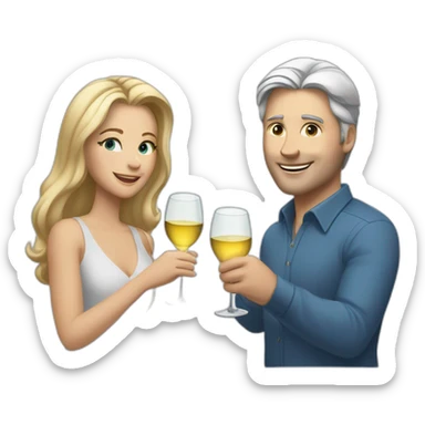 A white woman with brown eyes and blond medium long hair and a white man with blue eyes and grey hair, they toast to each other with a glass of white wine. sticker